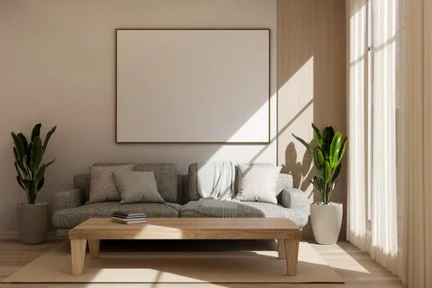 White frame over grey sofa and wooden table on carpet with sunlight through.. Stock Illustration