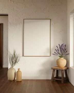 White frame over lavender vase on stool chair on wooden parquet floor in ol.. Ilustração Stock