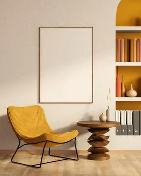 White frame over mustard fabric accent chair and wooden table aside a wall .. Ilustração Stock