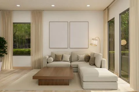White frame over sofa couch and wooden table on carpet aside glass wall win.. Ilustração Stock