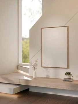 White frame over a vase and plant on books aside wooden staircase and sunsh.. Ilustración de archivo