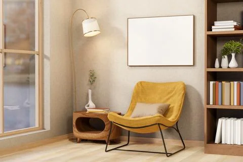 White frame over yellow fabric accent chair with bookshelf and lamp near gl.. Ilustração Stock