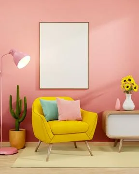 White frame on pink wall and yellow sofa chair with sunflower vase on table.. Ilustración de archivo
