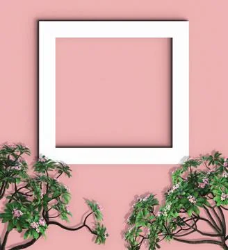 White frame on the pink wall, blank space for text, image Stock Photos