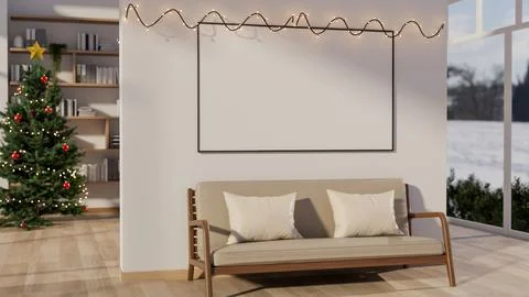 White frame with string light on wall over wood sofa chair in room with Chr.. Illustrazione stock