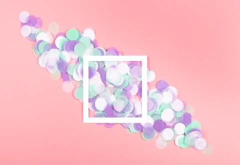 White frame on trendy background with confetti. Stock Photos