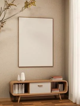 White frame on vintage wall over books on wooden drawer table on parquet fl.. Ilustração Stock
