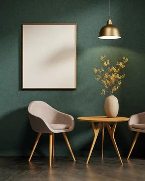 White frame on wall and hanging lamp over round table and curved chair on m.. Ilustração Stock