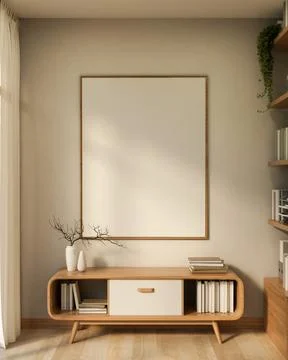 White frame on wall hanging over wooden drawer table aside curtain and book.. Ilustración de archivo