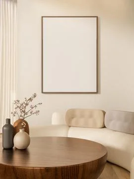 White frame on wall over curve sofa and flower vase on round wood table and.. Ilustração Stock