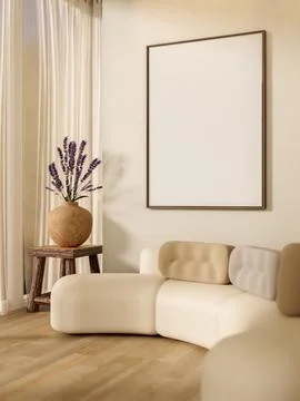 White frame on wall over curved sofa and lavender vase on wooden chair with.. Stock-Illustration