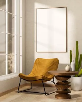 White frame on wall over mustard fabric accent chair and wooden table aside.. Ilustração Stock