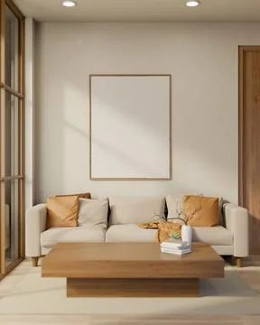 White frame on wall over sofa and wooden table with books and flower vase i.. Ilustração Stock