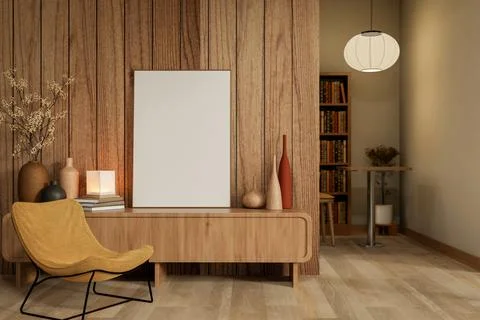 White frame on wooden table and yellow fabric chair on parquet floor with r.. Stock Illustration