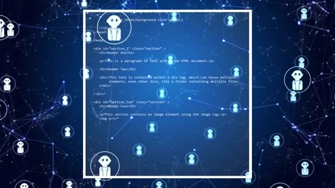 White framed code panel appearing, revealing HTML or JS while avatars drifting, Stock Footage 334768688