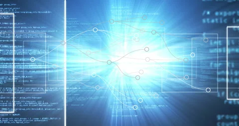 White frames appearing, network connecting nodes, code scrolling and glow Stock Footage 310638062