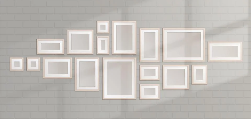 White frames collage and sunlight on brick wall Illustration