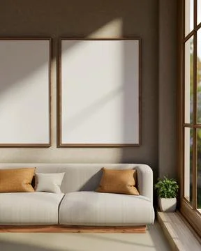 White frames hanging over fabric sofa with cushion and houseplant aside win.. 库存插图