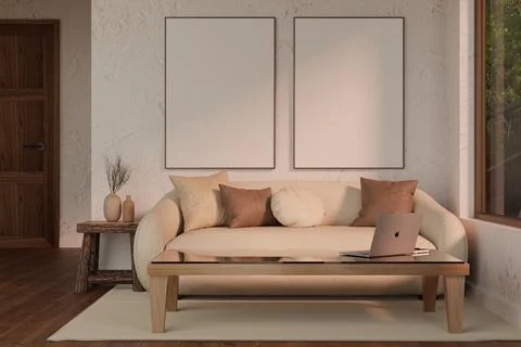 White frames on plaster wall over sofa and laptop on glass top table beside.. Ilustração Stock