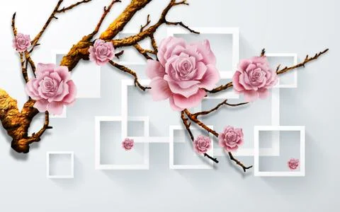 White frames on a white background, large pink rosebuds on a curved branch Stock Illustration