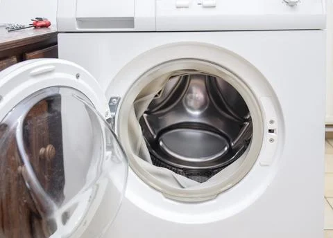 White front loading washing machine door open Stock Photos