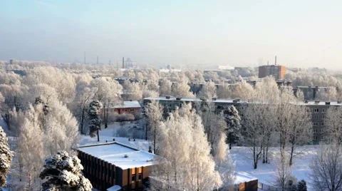 White frost covered trees. City winter morning panorama. Stock Footage 59641852