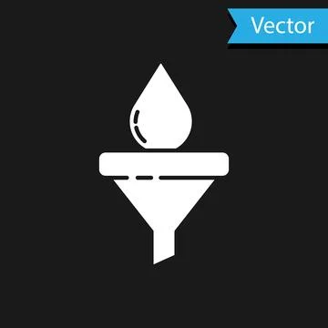 White Funnel or filter and motor oil drop icon isolated on black background.  Ilustração Stock