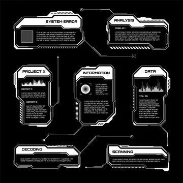 White futuristic HUD, UI elements. Sci-fi user interface text boxes, callouts Stock Illustration