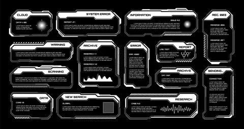 White futuristic HUD, UI elements. Sci-fi user interface text boxes, callouts Illustrazione stock