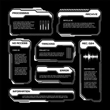 White futuristic HUD, UI elements. Sci-fi user interface text boxes, callouts Stock Illustration