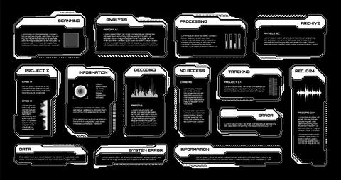 White futuristic HUD, UI elements. Sci-fi user interface text boxes, callouts Illustrazione stock