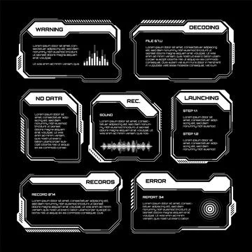 White futuristic HUD, UI elements. Sci-fi user interface text boxes, callouts Illustrazione stock