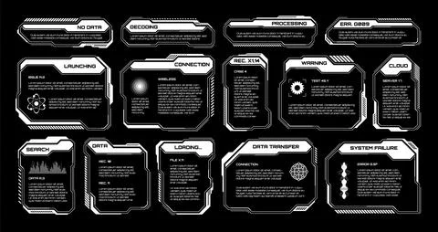 White futuristic HUD, UI elements. Sci-fi user interface text boxes, callouts Illustrazione stock
