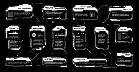 White futuristic HUD, UI elements. Sci-fi user interface text boxes, callouts 库存插图