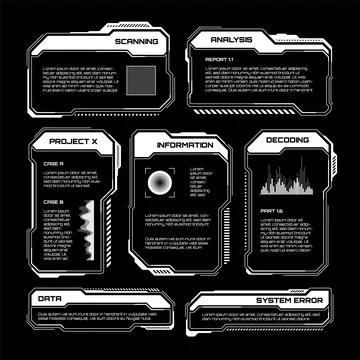 White futuristic HUD, UI elements. Sci-fi user interface text boxes, callouts Illustrazione stock