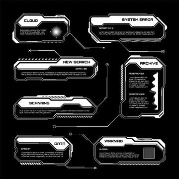 White futuristic HUD, UI elements. Sci-fi user interface text boxes, callouts Stock Illustration