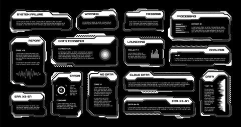 White futuristic HUD, UI elements. Sci-fi user interface text boxes, callouts Stock Illustration