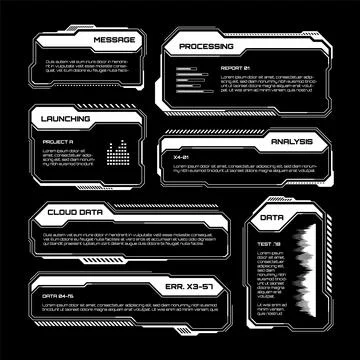White futuristic HUD, UI elements. Sci-fi user interface text boxes, callouts Stock Illustration