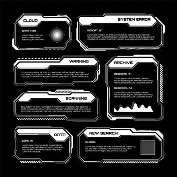 White futuristic HUD, UI elements. Sci-fi user interface text boxes, callouts Stock Illustration