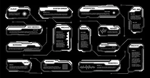 White futuristic HUD, UI elements. Sci-fi user interface text boxes, callouts Illustrazione stock