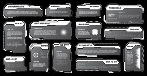White futuristic HUD, UI elements. Sci-fi user interface text boxes, callouts Stock Illustration