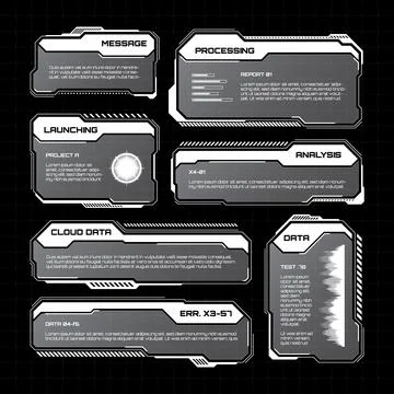 White futuristic HUD, UI elements. Sci-fi user interface text boxes, callouts Stockillustratie