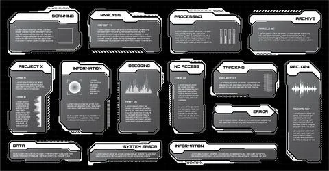 White futuristic HUD, UI elements. Sci-fi user interface text boxes, callouts 스톡 일러스트