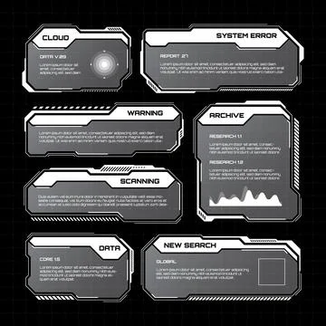 White futuristic HUD, UI elements. Sci-fi user interface text boxes, callouts Illustrazione stock