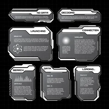 White futuristic HUD, UI elements. Sci-fi user interface text boxes, callouts Stock Illustration