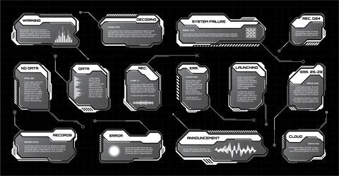 White futuristic HUD, UI elements. Sci-fi user interface text boxes, callouts Illustrazione stock