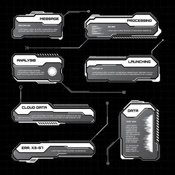 White futuristic HUD, UI elements. Sci-fi user interface text boxes, callouts Stock Illustration