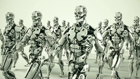White Futuristic Robots Walking Stock Footage 172228216