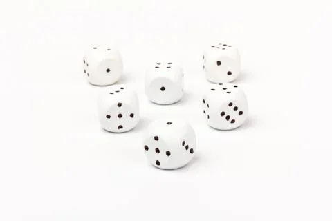 White gamble dice with black dots, isolated on white background. Foto stock