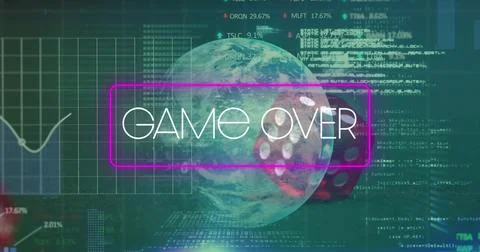 White GAME OVER text floating in futuristic virtual interface, with globe and Stock Photos
